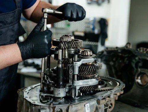 Technician inspecting transmission and clutch components under a vehicle